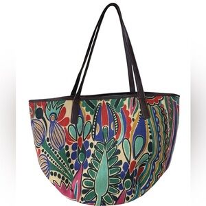 Womens Neiman Marcus Multicolor Print Design Raffia Faux LeatherTote Bag